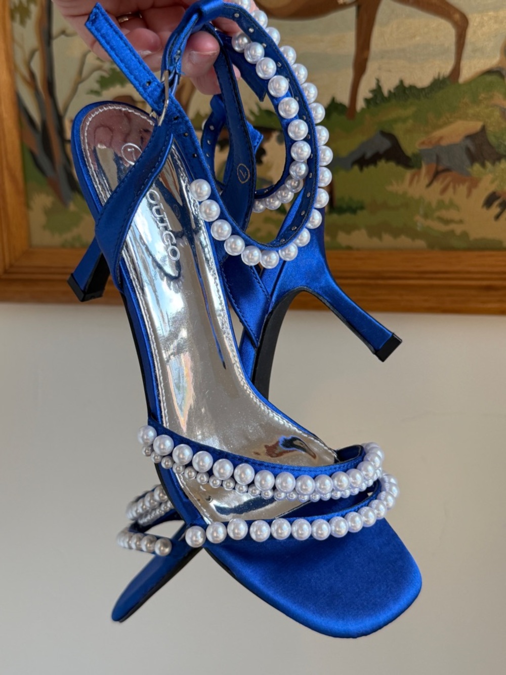 NEW Blue Satin Pearl Heels Ankle Strap Dress Sandals Wedding Guest Women Size 7 - Picture 7 of 8